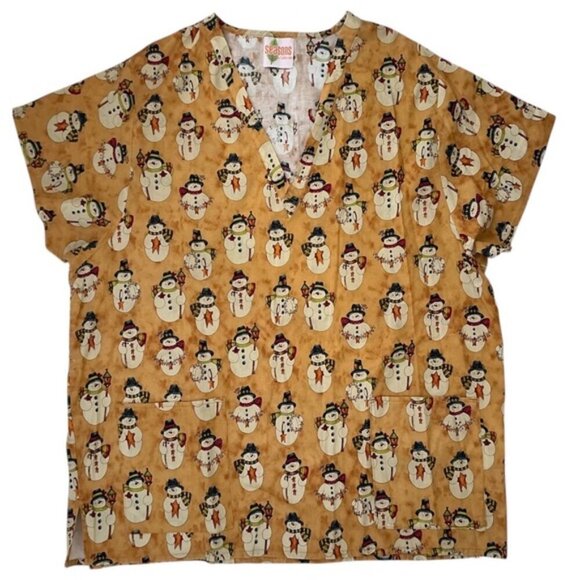 CelScrub Tops - Seasons CelScrub Cotton Scrub Top V Neck Holiday Snowman Birdhouse Gold Spice XL